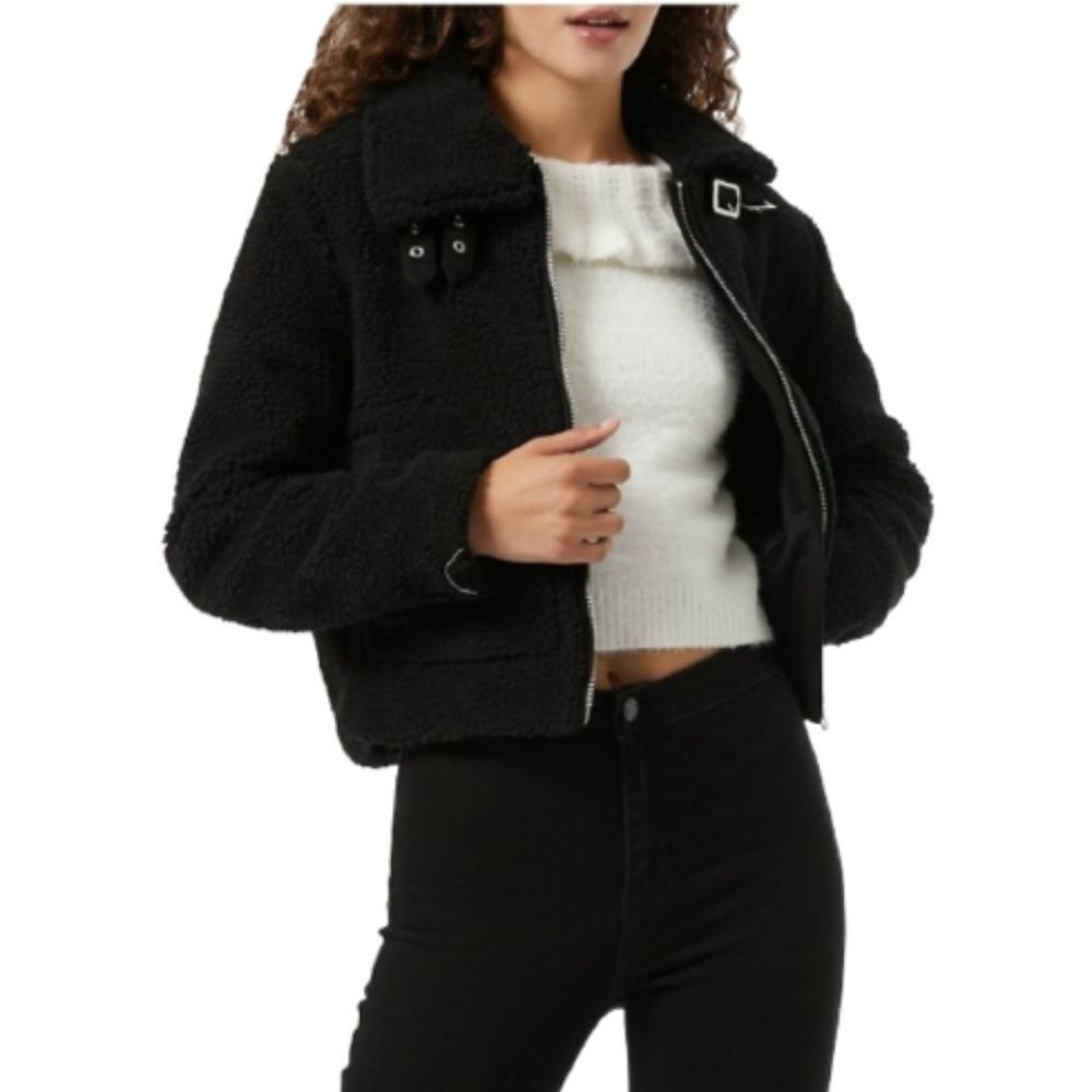 Miss Selfridge Black Teddy Biker Jacket Womens Size 6